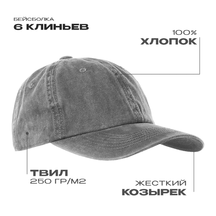 Бейсболка винтажная STAN 6 клиньев  хлопок 250, 22, Светло-серый (72) фото-0