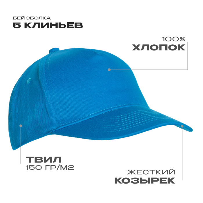 Лазурная бейсболка арт. 10L, 5 клиньев из 100% хлопка, 150 гр/м2, оптом | Мерч, униформа и текстиль для бизнеса  фото-0