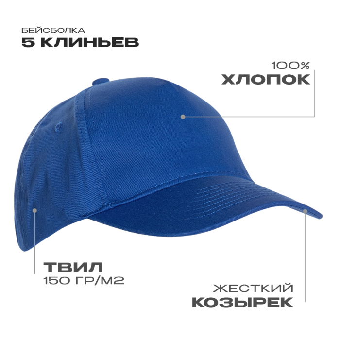 Синяя бейсболка арт. 10L, 5 клиньев из 100% хлопка, 150 гр/м2, оптом | Мерч, униформа и текстиль для бизнеса  фото-0