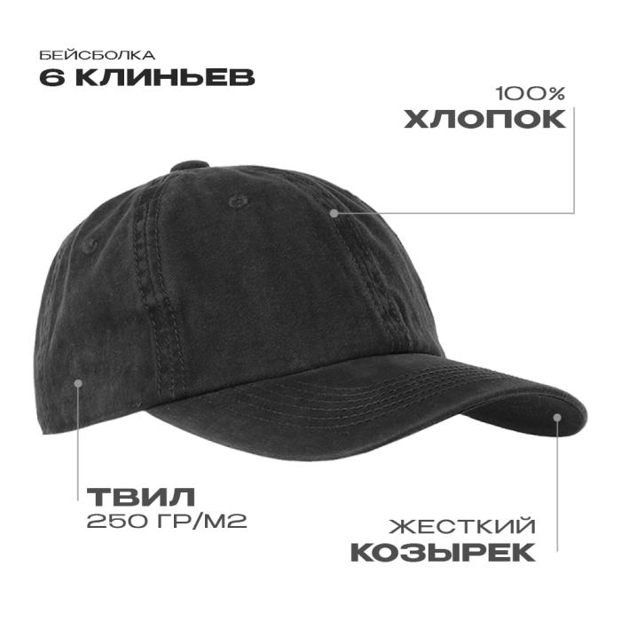 Бейсболка винтажная STAN 6 клиньев  хлопок 280, 22, Чёрный (20) фото-0