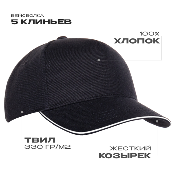 Черная бейсболка с кантом арт. 04, 5 клиньев из 100% хлопка, 330 гр/м2, оптом | Мерч, униформа и текстиль для бизнеса  фото-0