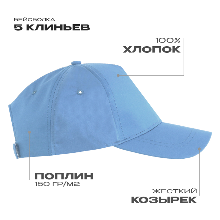 Голубая бейсболка 5 клиньев из 100% хлопка, 150 гр/м2, оптом | Мерч, униформа и текстиль для бизнеса  фото-0
