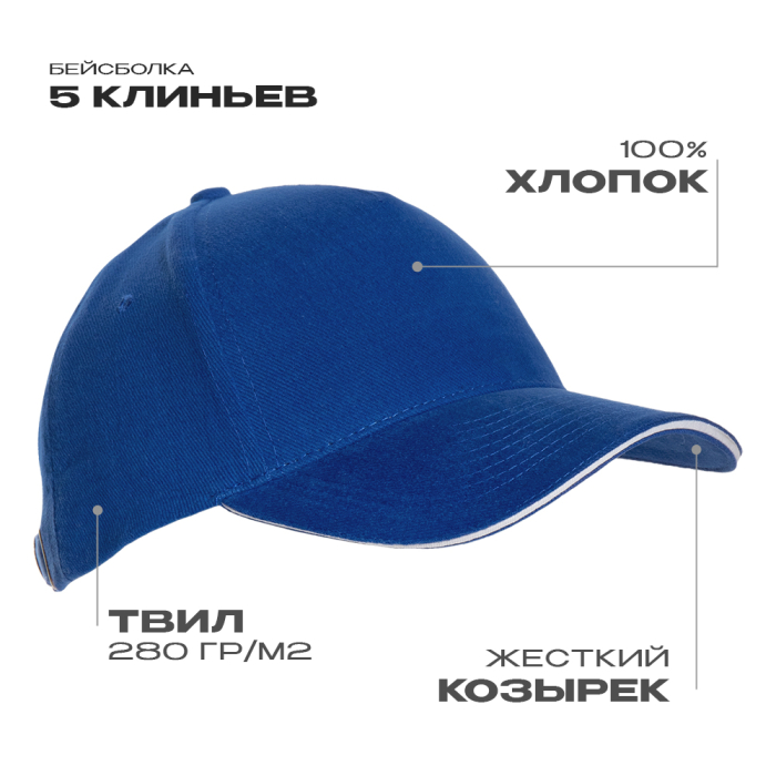 Синяя бейсболка с кантом арт. 11K, 5 клиньев, 100% хлопок, 280 гр/м2, оптом | Мерч, униформа и текстиль для бизнеса  фото-0