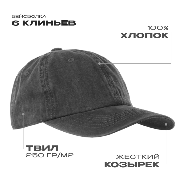 Бейсболка винтажная STAN 6 клиньев  хлопок 280, 22, Темно-серый (100) фото-0