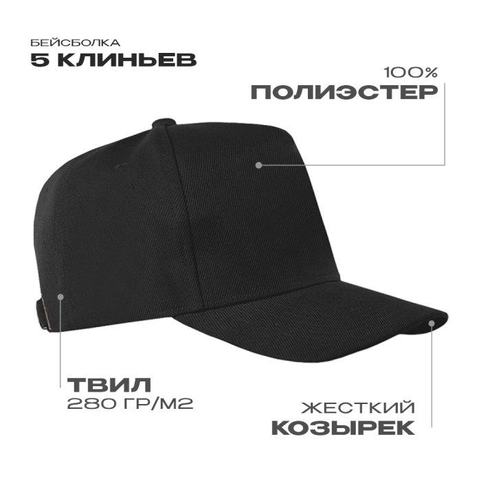 Бейсболка STAN 5 клиньев полиэстер 280, 20, Черный (20) фото-0