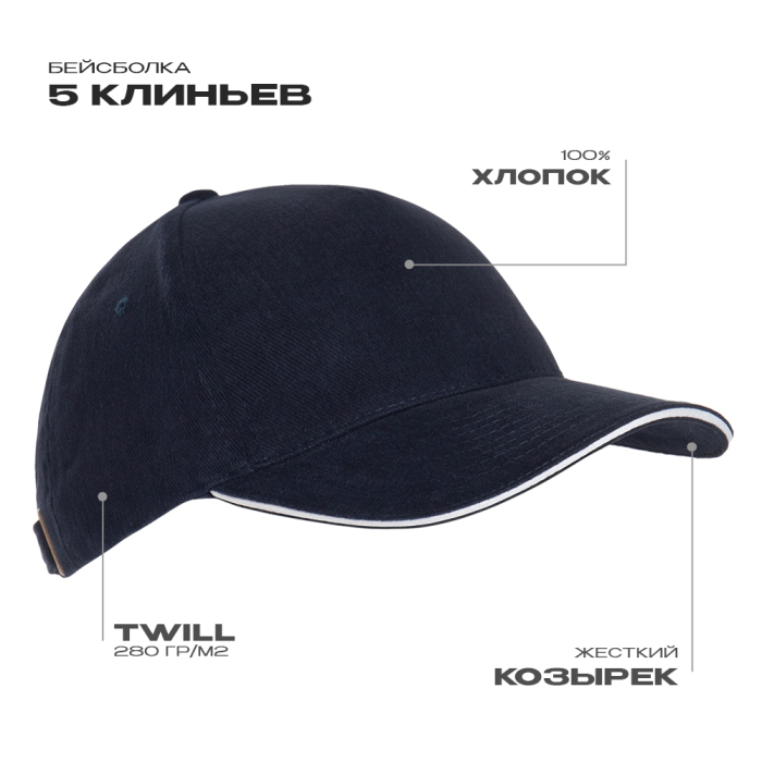 Темно-синяя бейсболка с кантом арт. 11K, 5 клиньев, 100% хлопок, 280 гр/м2, оптом | Мерч, униформа и текстиль для бизнеса  фото-0