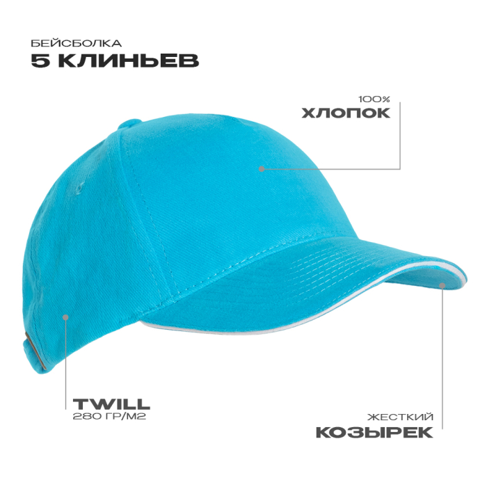 Бирюзовая бейсболка с кантом арт. 11K, 5 клиньев, 100% хлопок, 280 гр/м2, оптом | Мерч, униформа и текстиль для бизнеса  фото-0