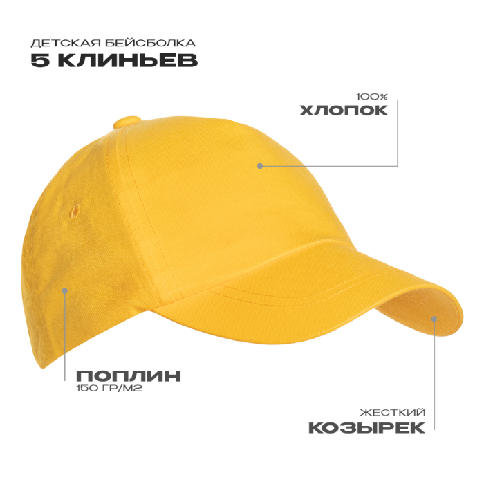 Желтая детская бейсболка 5 клиньев, оптом | Мерч, униформа и текстиль для бизнеса фото-0