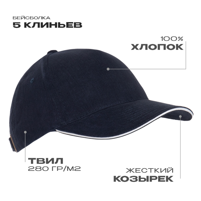 Темно-синяя бейсболка с кантом арт. 11K, 5 клиньев, 100% хлопок, 280 гр/м2, оптом | Мерч, униформа и текстиль для бизнеса  фото-0