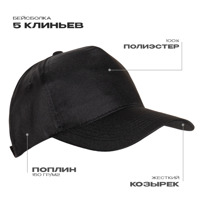 Черная бейсболка арт. 10P, 5 клиньев из 100% полиэстера, 150 гр/м2 – оптом фото-0