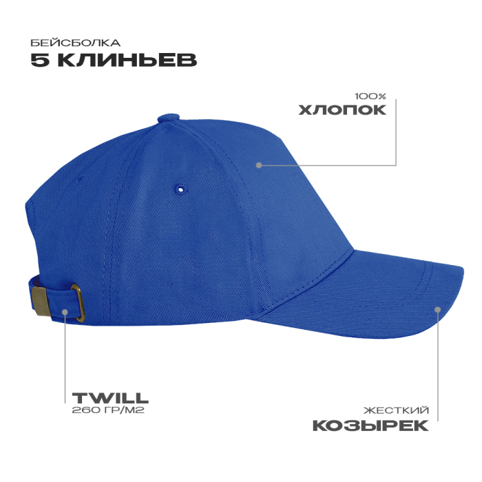 Синяя бейсболка арт. 12, 5 клиньев из 100% хлопка, 260 гр/м2, оптом | Мерч, униформа и текстиль для бизнеса фото-0