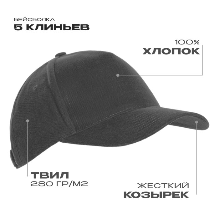 Темно-серая бейсболка 5 клиньев из хлопка | Мерч, униформа и текстиль для бизнеса фото-0