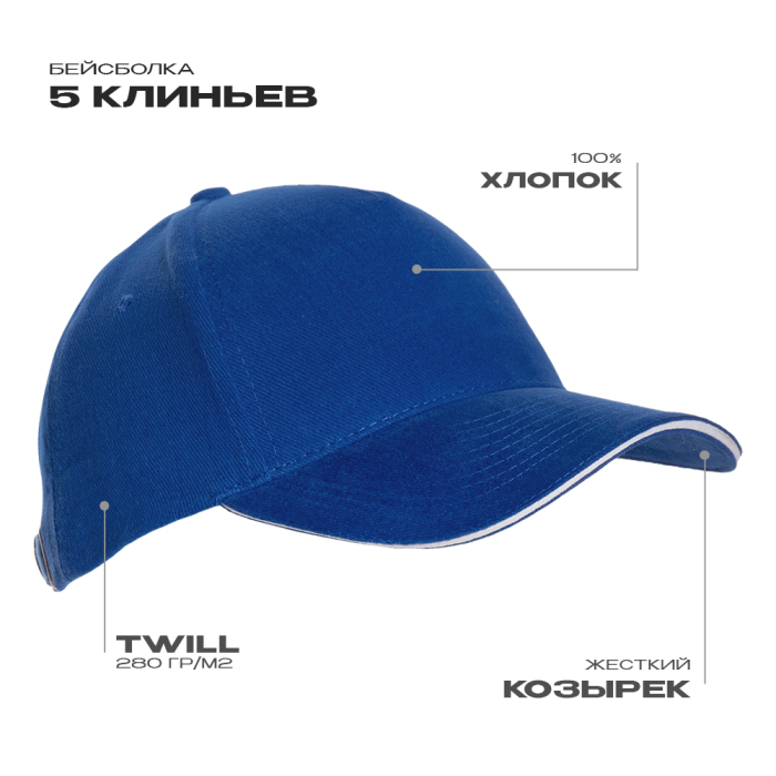 Синяя бейсболка с кантом арт. 11K, 5 клиньев, 100% хлопок, 280 гр/м2, оптом | Мерч, униформа и текстиль для бизнеса  фото-0
