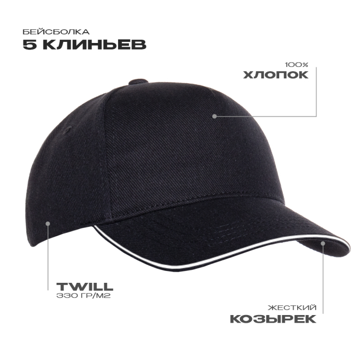 Черная бейсболка с кантом арт. 04, 5 клиньев из 100% хлопка, 330 гр/м2, оптом | Мерч, униформа и текстиль для бизнеса  фото-0