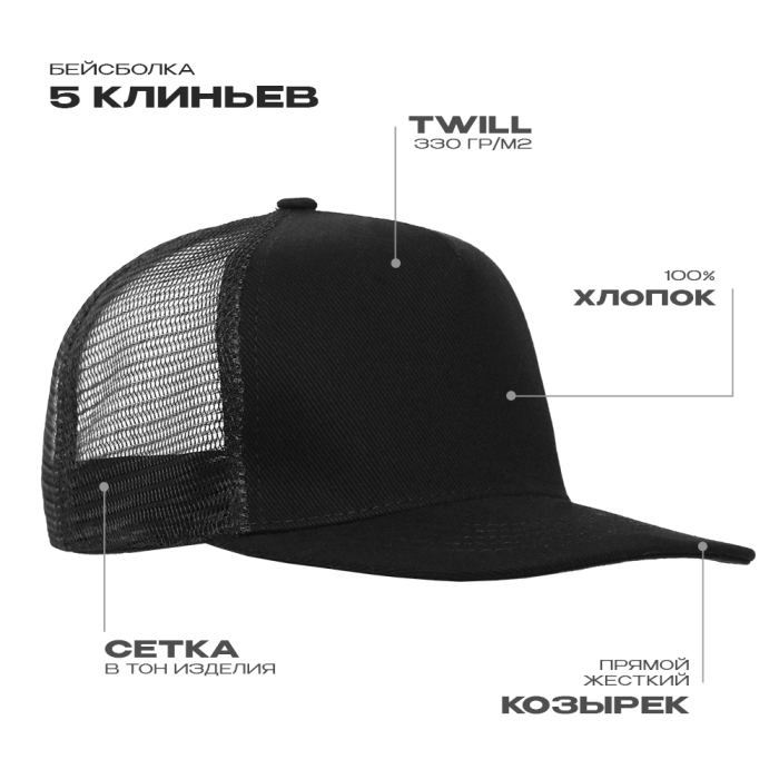 Черная бейсболка с прямым козырьком арт. 09, 5 клиньев из 100% хлопка, 330 гр/м2, оптом | Мерч, униформа и текстиль для бизнеса  фото-0