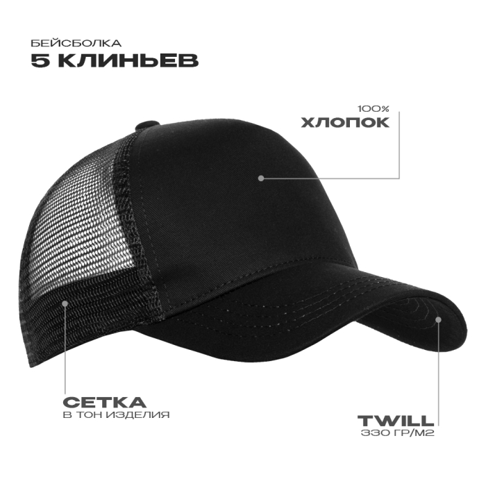 Черная бейсболка с сеткой арт. 05, 5 клиньев, 100% хлопок, 280 гр/м2, оптом | Мерч, униформа и текстиль для бизнес фото-0