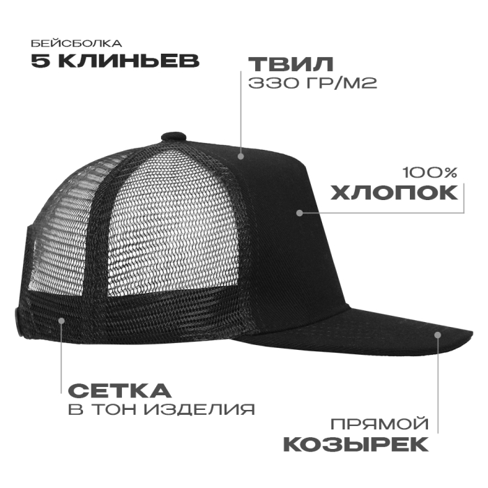 Черная бейсболка с прямым козырьком арт. 09, 5 клиньев из 100% хлопка, 330 гр/м2, оптом | Мерч, униформа и текстиль для бизнеса  фото-0