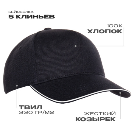 Черная бейсболка с кантом арт. 04, 5 клиньев из 100% хлопка, 330 гр/м2, оптом | Мерч, униформа и текстиль для бизнеса  photo-1