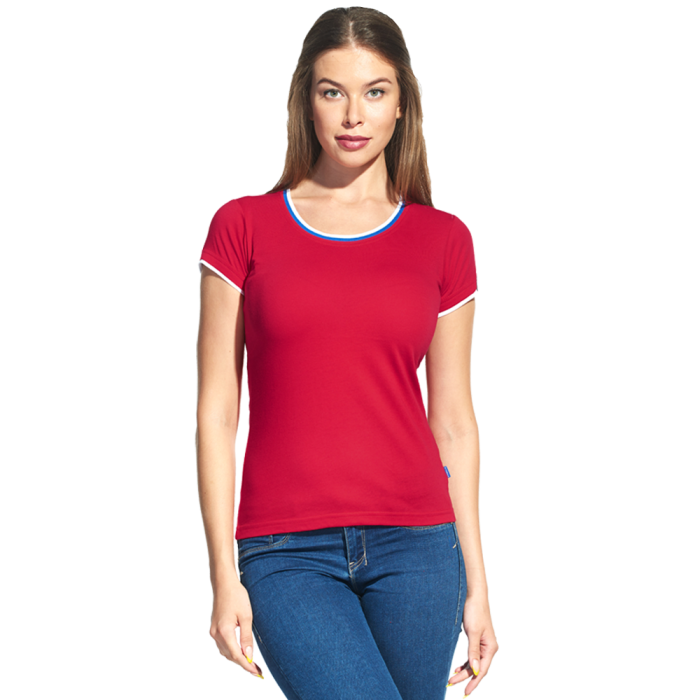 Женская красная футболка арт. 14W02 приталенного силуэта с триколором, 95% хлопок, 5% эластан, 180 гр/м2, оптом | Мерч, униформа и текстиль для бизнеса  фото-0