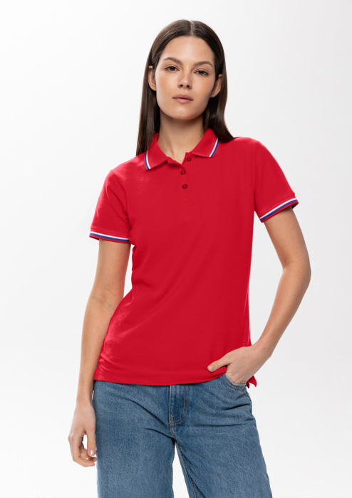Женская красная рубашка поло арт. 04WRUS приталенного кроя c триколором, 80% хлопок, 20% полиэстер, 185 гр/м2, оптом | Мерч, униформа и текстиль для бизнеса фото-4