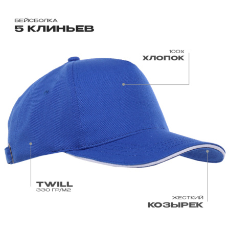 Синяя бейсболка с кантом арт. 04, 5 клиньев из 100% хлопка, 330 гр/м2, оптом | Мерч, униформа и текстиль для бизнеса  photo-0