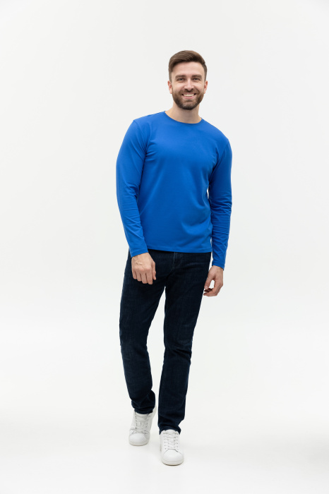Синяя футболка с длинными рукавами арт. 35 прямого кроя, состав 92% хлопок 8% эластан, 180 гр/м2, оптом | Мерч, униформа и текстиль для бизнеса  фото-3