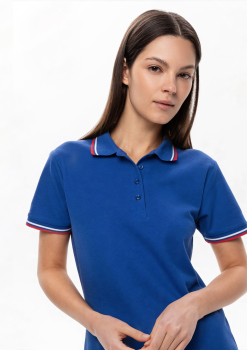 Женская синяя рубашка поло арт. 04WRUS приталенного кроя c триколором, 80% хлопок, 20% полиэстер, 185 гр/м2, оптом | Мерч, униформа и текстиль для бизнеса  фото-3