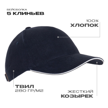 Темно-синяя бейсболка с кантом арт. 11K, 5 клиньев, 100% хлопок, 280 гр/м2, оптом | Мерч, униформа и текстиль для бизнеса  photo-1
