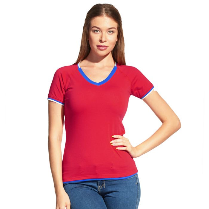 Женская красная футболка арт. 14W021 приталенного силуэта с триколором, 95% хлопок, 5% эластан, 200 гр/м2, оптом | Мерч, униформа и текстиль для бизнеса фото-0